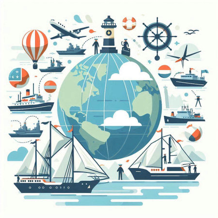Traveling around the world with ships and boats. Vector illustration.のイラスト素材