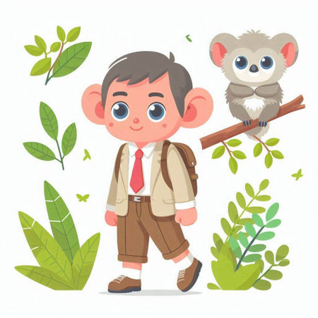 Cute little boy in school uniform with owl and tree, vector illustrationのイラスト素材