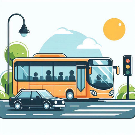 Bus on the road in the city. Vector illustration in flat styleのイラスト素材