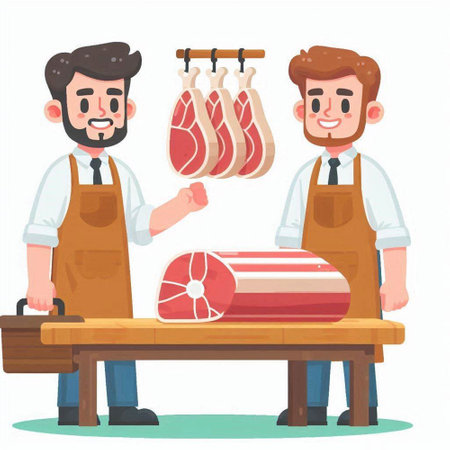 Butcher or butcher in apron working with meat products. Vector illustrationのイラスト素材