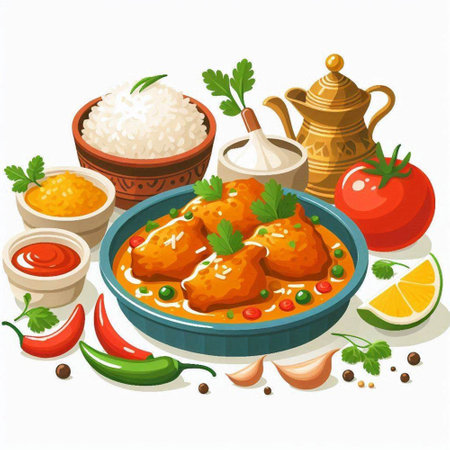 Illustration of a bowl of chicken curry with rice and various saucesのイラスト素材