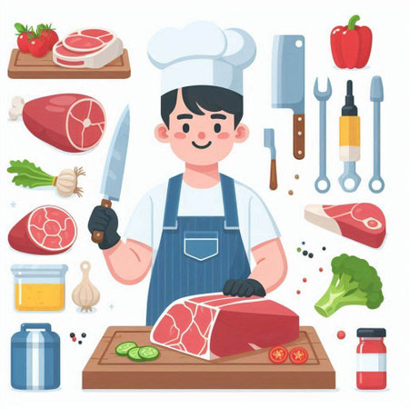 Butcher man in apron with meat and vegetables. Vector illustrationのイラスト素材