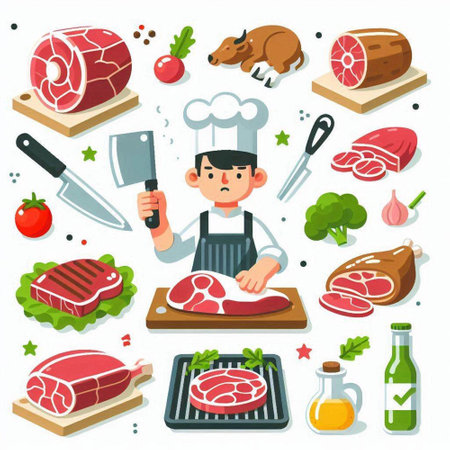 Butcher and meat products set. Vector illustration in cartoon style.のイラスト素材
