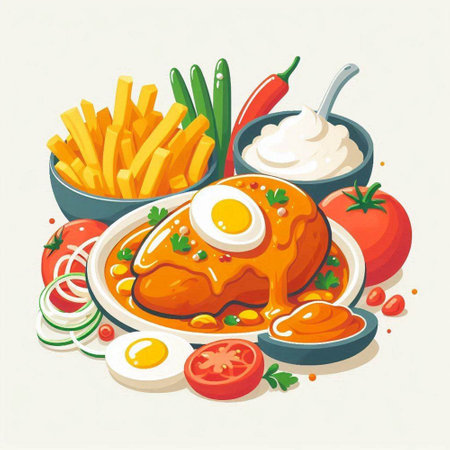 Illustration of chicken dish with fried egg, french fries and sauceのイラスト素材