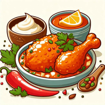 Illustration of a bowl of spicy chicken legs with garnish.のイラスト素材