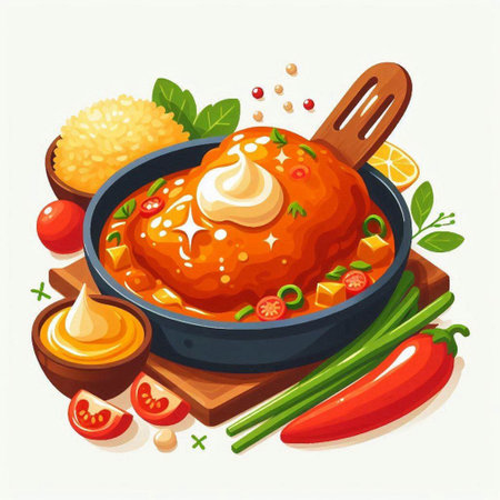 Korean cuisine. Fried chicken in a frying pan. Vector illustrationのイラスト素材