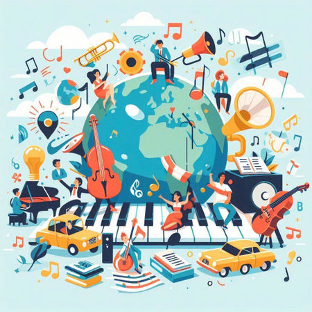 Vector illustration with musical instruments and world globe. Flat design style.のイラスト素材