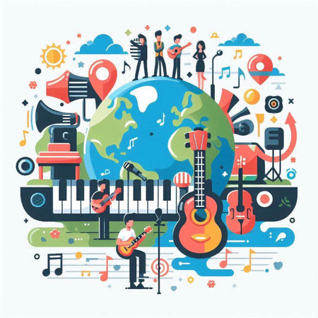 Music festival poster with musical instruments and world map, flat vector illustrationのイラスト素材