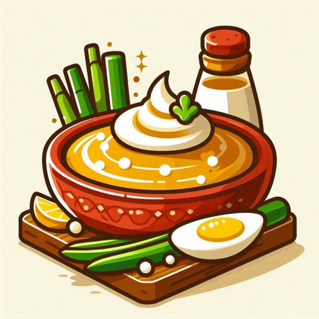 Bowl of hummus with vegetables and eggs. Vector illustration.のイラスト素材