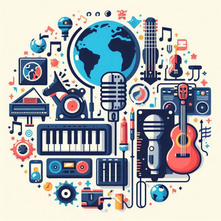 Vector illustration of musical instruments and equipment in circle shape. Music backgroundのイラスト素材