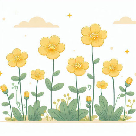 Vector illustration of yellow flowers on white background with clouds and stars.のイラスト素材