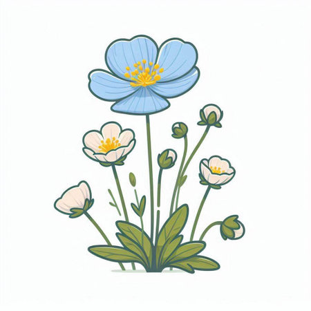 Cute blue flowers on white background. Hand drawn vector illustration.のイラスト素材