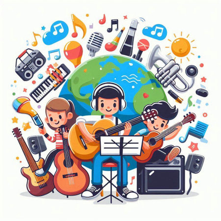 Illustration of a group of people playing musical instruments. Vector illustrationのイラスト素材