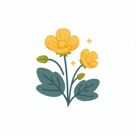Yellow flowers with green leaves isolated on white background, vector illustration.のイラスト素材