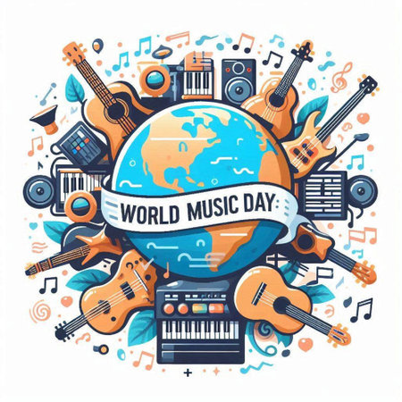 World music day banner. Vector illustration of world music day poster with musical instrumentsのイラスト素材