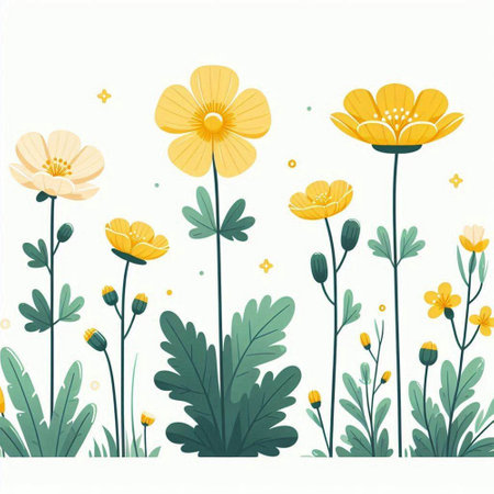 Floral background with yellow flowers and green grass. Vector illustration.のイラスト素材