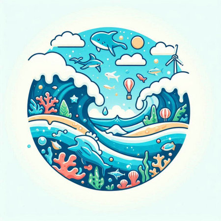 Hand drawn vector illustration of a sea landscape in the shape of a circle.のイラスト素材