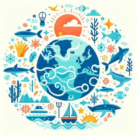 Sea and ocean travel around the world. Vector illustration in flat styleのイラスト素材