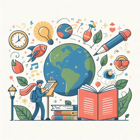 Vector illustration of education concept with globe, books and school supplies.のイラスト素材