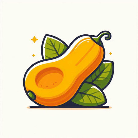 Butternut squash with leaves. Vector illustration in flat style.のイラスト素材