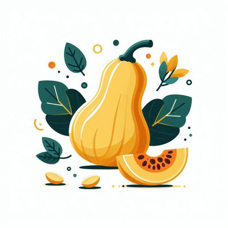 Pumpkin with leaves and seeds. Vector illustration in flat styleのイラスト素材