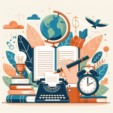 Concept of education. Vector illustration in flat style with books, globe, typewriter, clock, coffee cup, notebook.のイラスト素材
