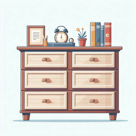 Wooden chest of drawers with books and alarm clock. Vector illustration.のイラスト素材