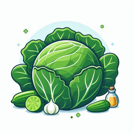Cabbage, cucumber, garlic and salt. Vector illustration.のイラスト素材
