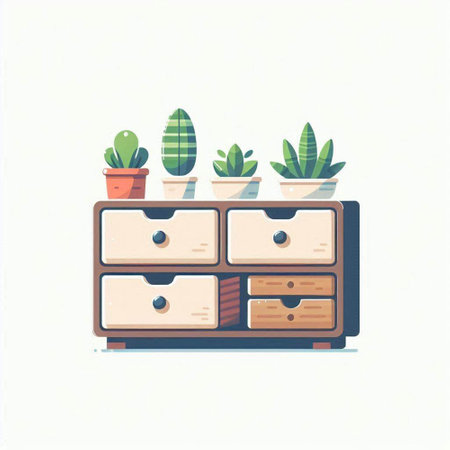 Vector illustration of a chest of drawers with cacti and succulentsのイラスト素材