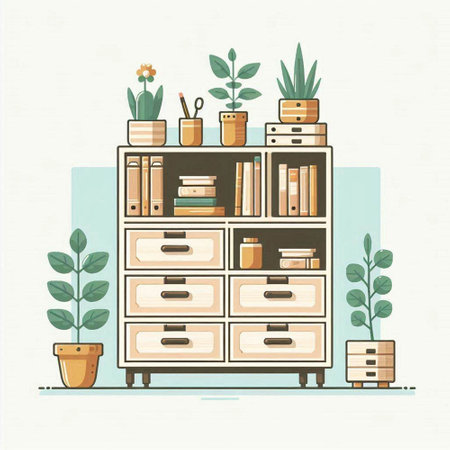 Vector illustration of a bookshelf with books and plants in flat styleのイラスト素材