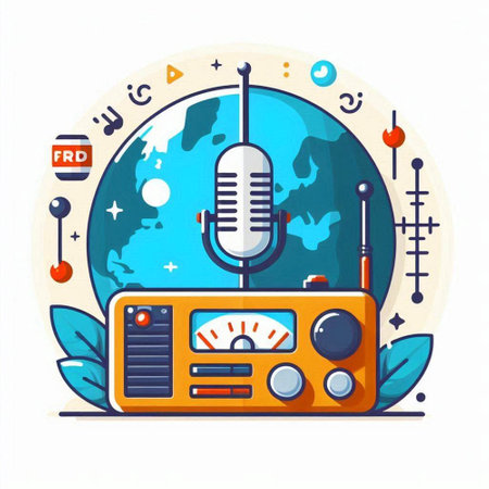 Radio flat color vector illustration. Radio with microphone and world map on white backgroundのイラスト素材