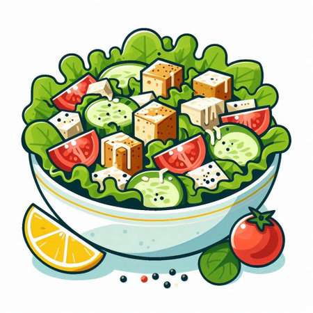 Salad with feta cheese, tomato and cucumber in bowl. Vector illustration.のイラスト素材