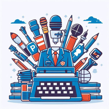 Vector illustration of a writer with typewriter, books, pens, pencils, erasers and other tools.のイラスト素材
