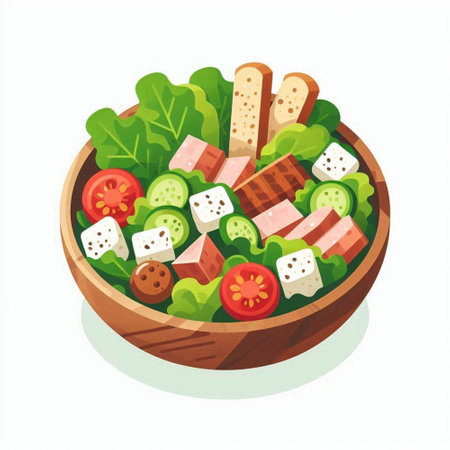 Salad in a wooden bowl. Vector illustration on white background.のイラスト素材