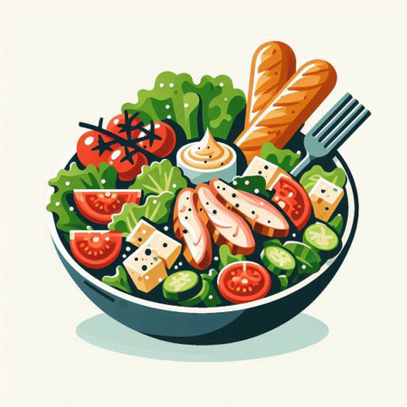 Salad with salmon and vegetables in a bowl. Vector illustration.のイラスト素材