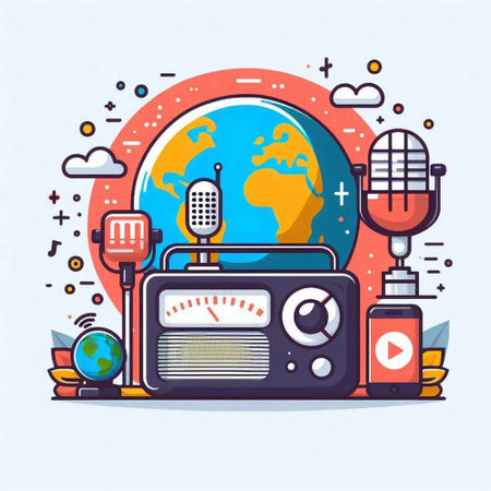Retro radio set with world globe, microphone, headphones. Vector illustrationのイラスト素材
