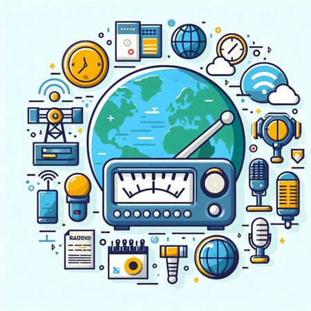 Vector illustration of a flat line design of radio, internet communication and technology themeのイラスト素材