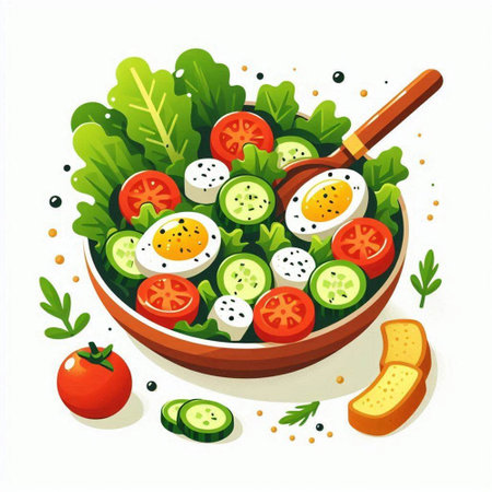 Salad with cucumber, tomato, mozzarella and lettuce. Vector illustrationのイラスト素材