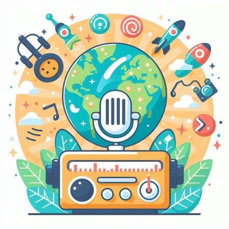 Radio station flat vector illustration. Radio set with world map, headphones, satellite, radio receiver, microphone, planet Earth.のイラスト素材