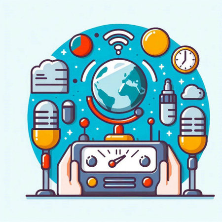 Flat line design concept of radio and communication. Modern vector illustration.のイラスト素材