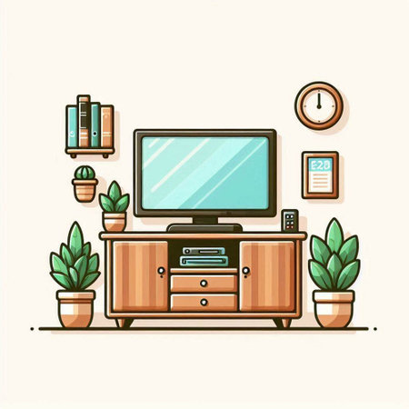 Living room interior with furniture, TV, bookshelf and plants. Vector illustrationのイラスト素材