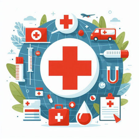 Medical symbols in circle. Health care concept. Vector illustration in flat styleのイラスト素材