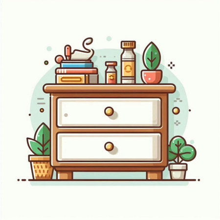 Cabinet with books and plants. Vector illustration in flat styleのイラスト素材