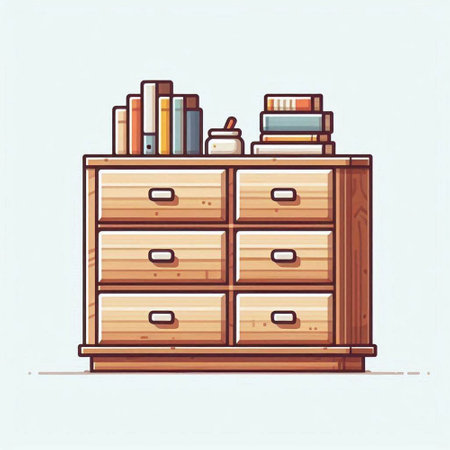 Wooden chest of drawers with books. Vector illustration in cartoon styleのイラスト素材