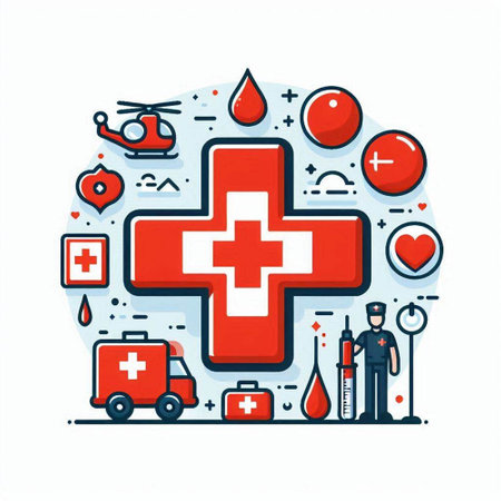 Medical and health care flat line icons set. Vector illustration of ambulance, first aid kit, first aid kit, doctor, first aid kit, ambulance car, blood test, first aid kit.のイラスト素材