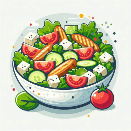 Healthy salad in bowl with tomatoes, cucumbers, feta cheese and herbs. Vector illustration.のイラスト素材