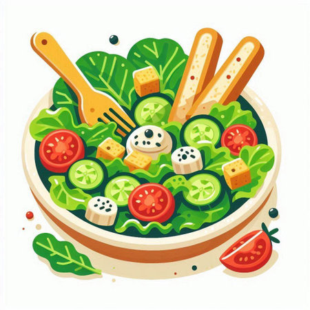 Vegetable salad in a bowl. Healthy food. Vector illustrationのイラスト素材