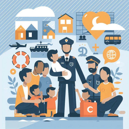 Policeman with family. Vector illustration in flat design style.のイラスト素材