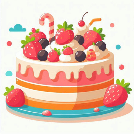 Birthday cake with strawberries, blueberries and cherries. Vector illustrationのイラスト素材