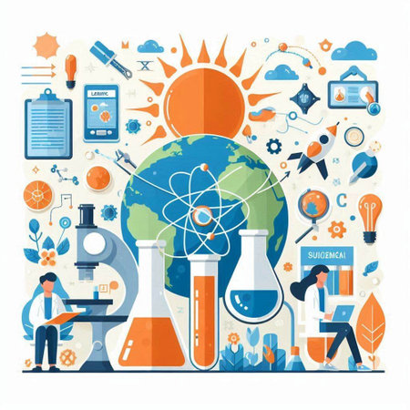 Science and education concept. Vector flat design illustration of globe, microscope, flasks, test tubes, science icons.のイラスト素材